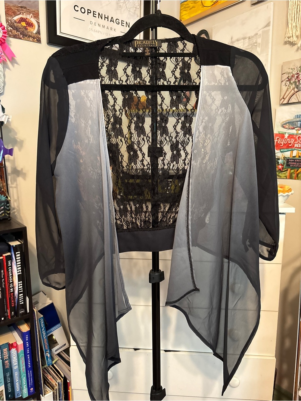 Picadilly Fashion Black Sheer Lace Open-Front Cardigan